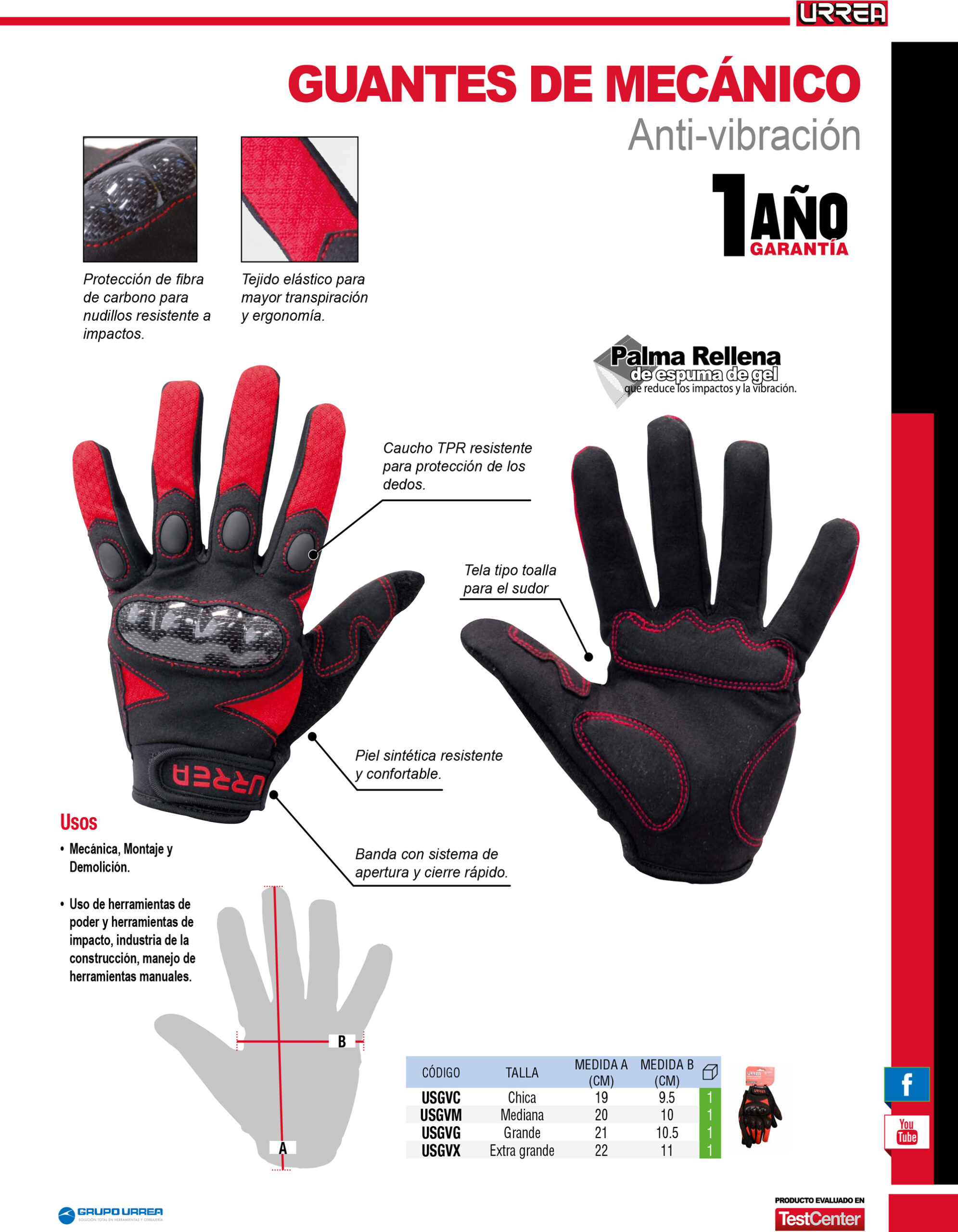 Guantes de mecánico anti-vibración con protección para nudillos M Urrea - Imagen 2