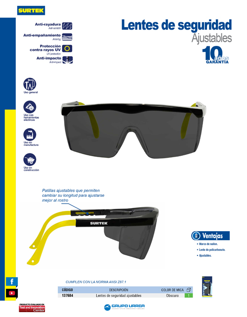 Lentes de seguridad modelo Ajustables, oscuros Surtek - Imagen 2