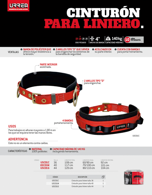 Cinturón para liniero con bandas para portar herramientas, talla 40 Urrea - Imagen 2